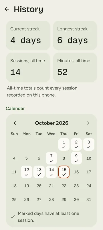 The History screen: current streak 4 days, 14 sessions and 52 minutes all time, and an October calendar with ticked days.