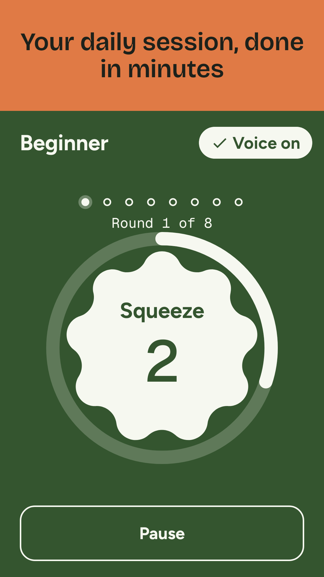 The session screen on a green background: round 1 of 8, and the word Squeeze with a 2-second countdown inside a light scalloped shape and a time ring