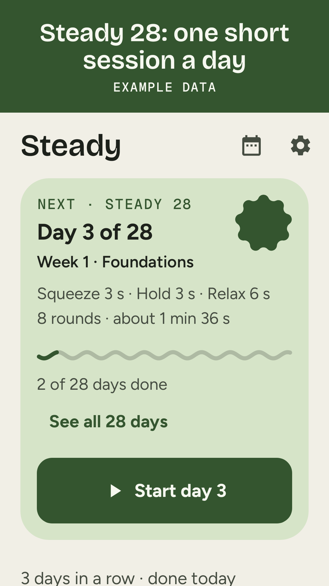 The Today tile on the Steady home screen: Steady 28, day 3 of 28, 2 of 28 days done and a Start day 3 button, example data
