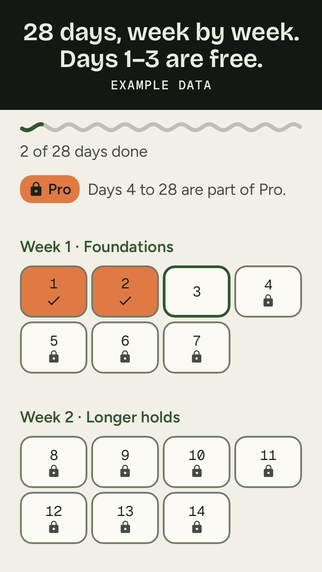 The Steady 28 screen: days 1 to 3 free, days 1 and 2 done, day 3 next, and days 4 to 14 locked for Pro, example data