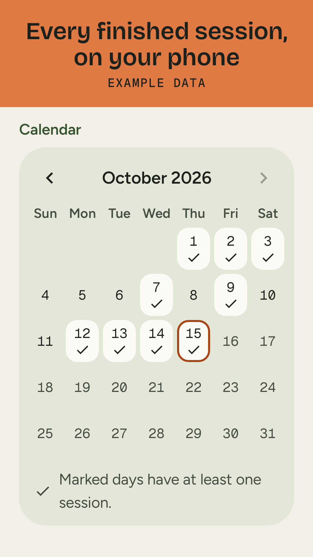 The History calendar for October 2026 with the days that have a session marked, example data